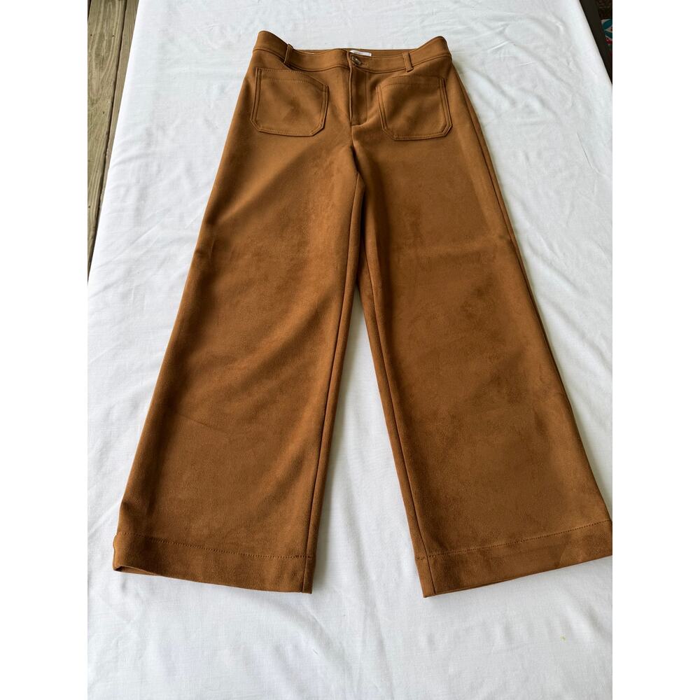 LOFT The Palmer Boho Western Chic Faux Suede Cognac Brown Wide Leg Pants Size 6 - Picture 2 of 13